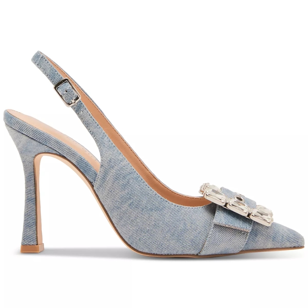 Rhinestones buckle denim heels pump light blue sz 9 new